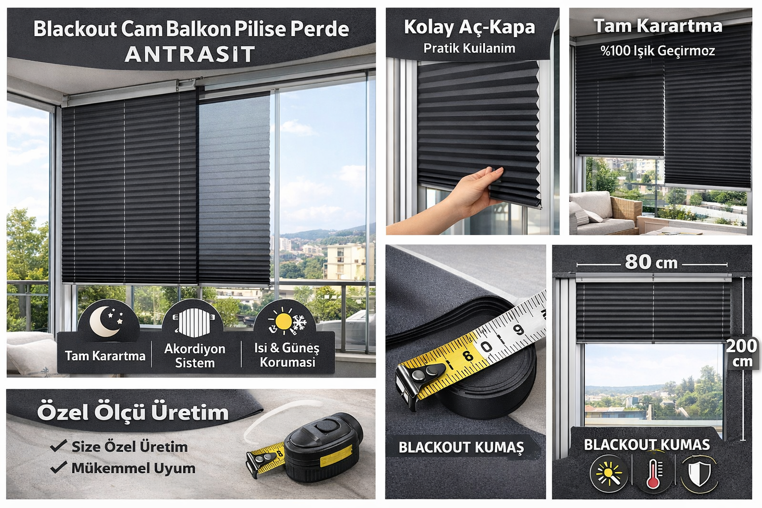 Blackout Katlanabilir Cam Balkon Plise Perdesi – Antrasit