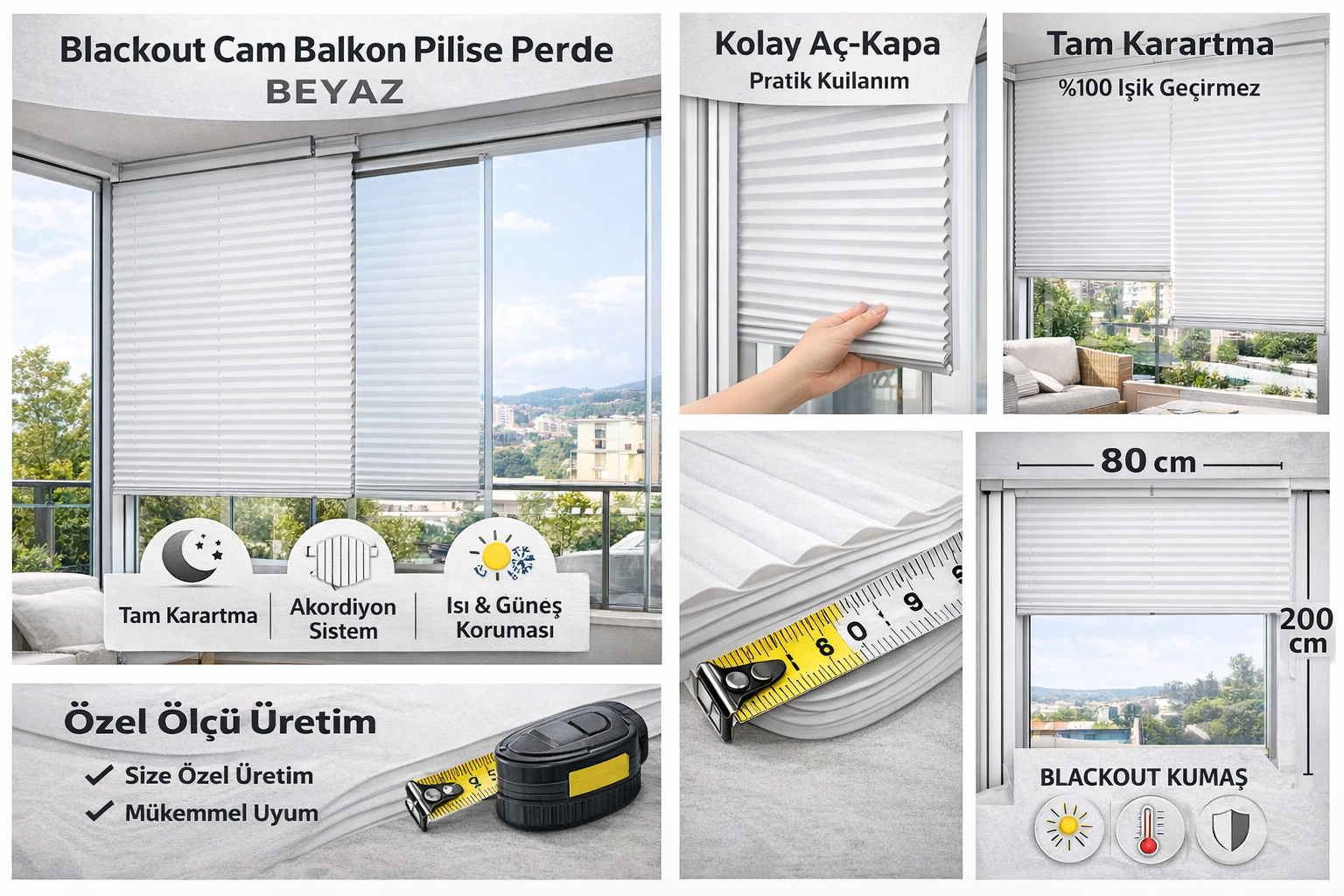 Blackout Katlanabilir Cam Balkon Plise Perdesi – Beyaz