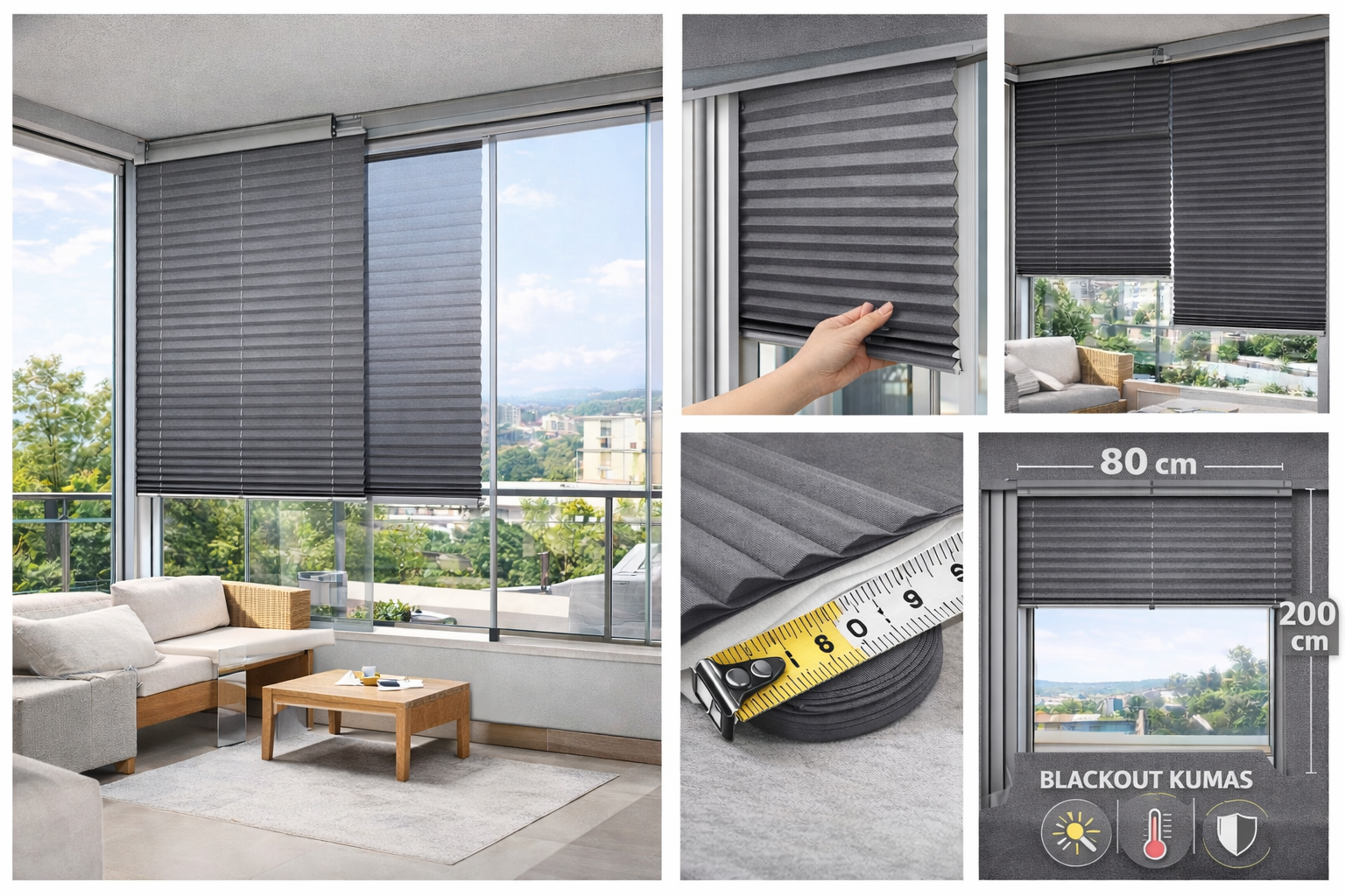 Blackout Katlanabilir Cam Balkon Plise Perdesi – Gri