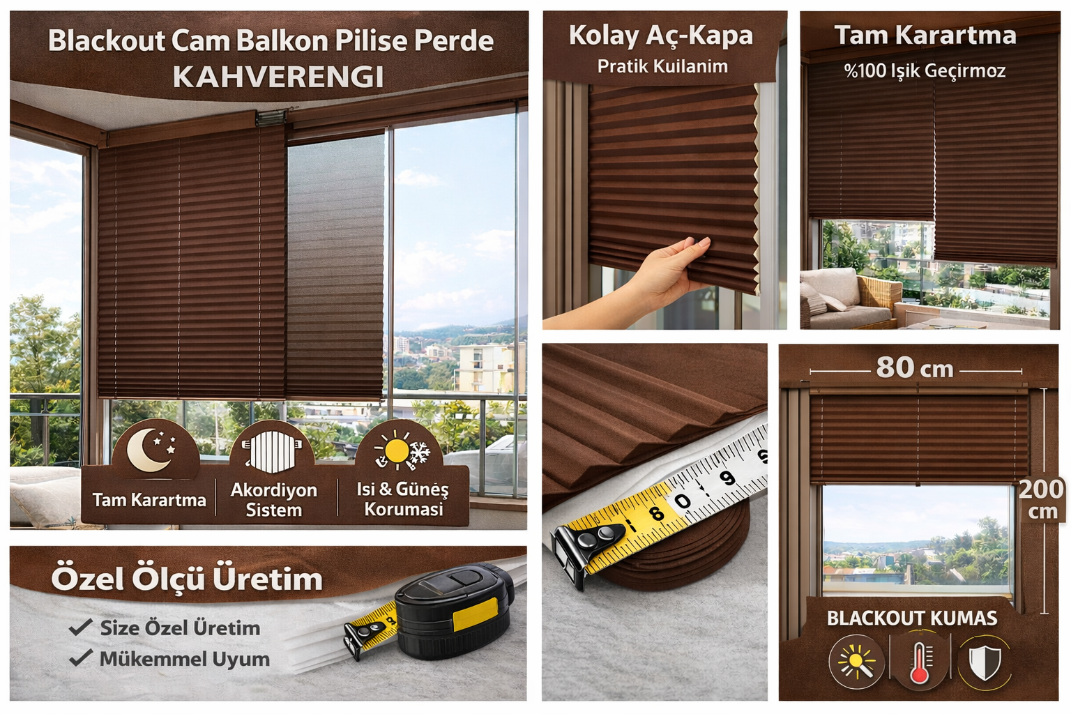 Blackout Katlanabilir Cam Balkon Plise Perdesi – Kahverengi
