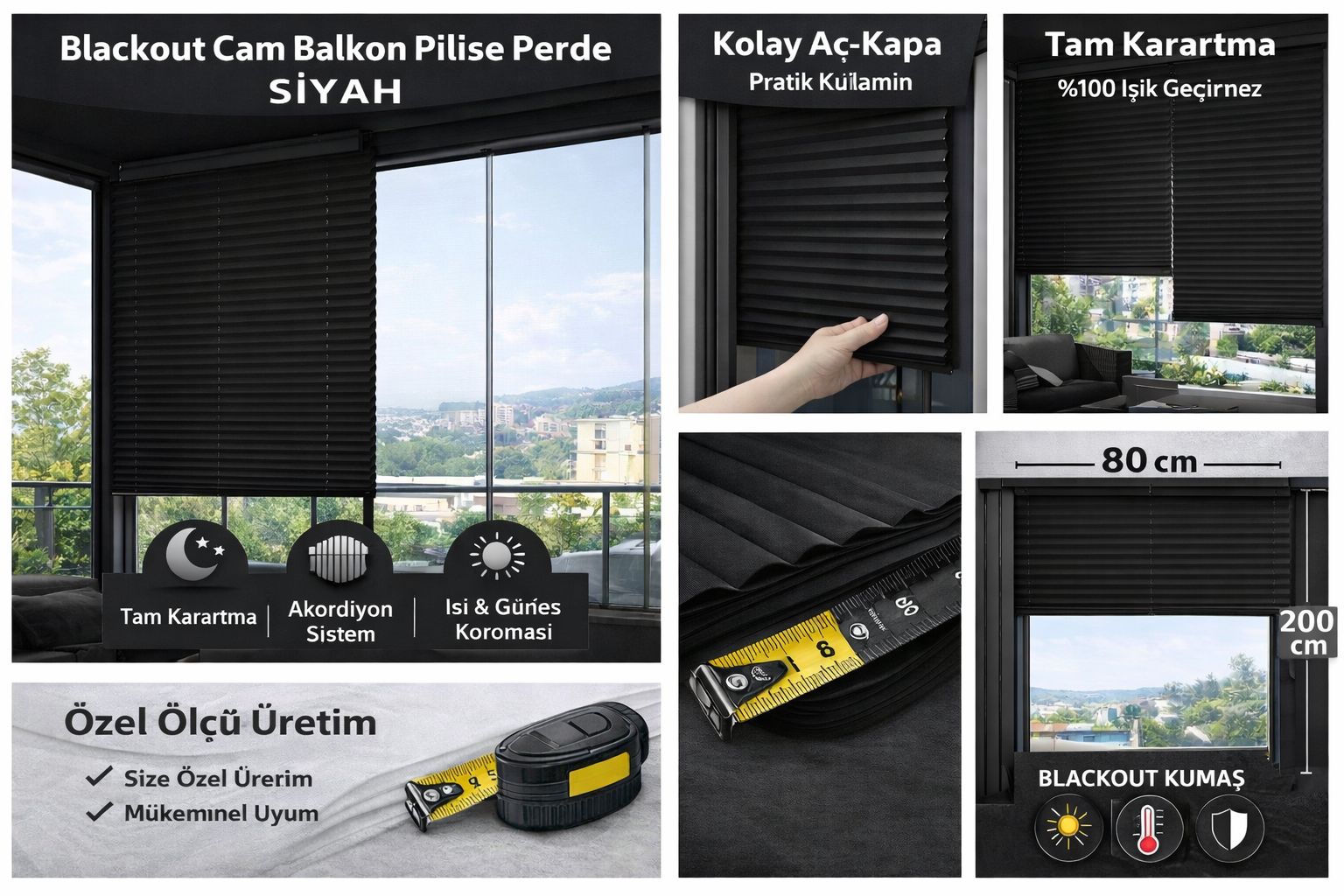 Blackout Katlanabilir Cam Balkon Plise Perdesi – Siyah