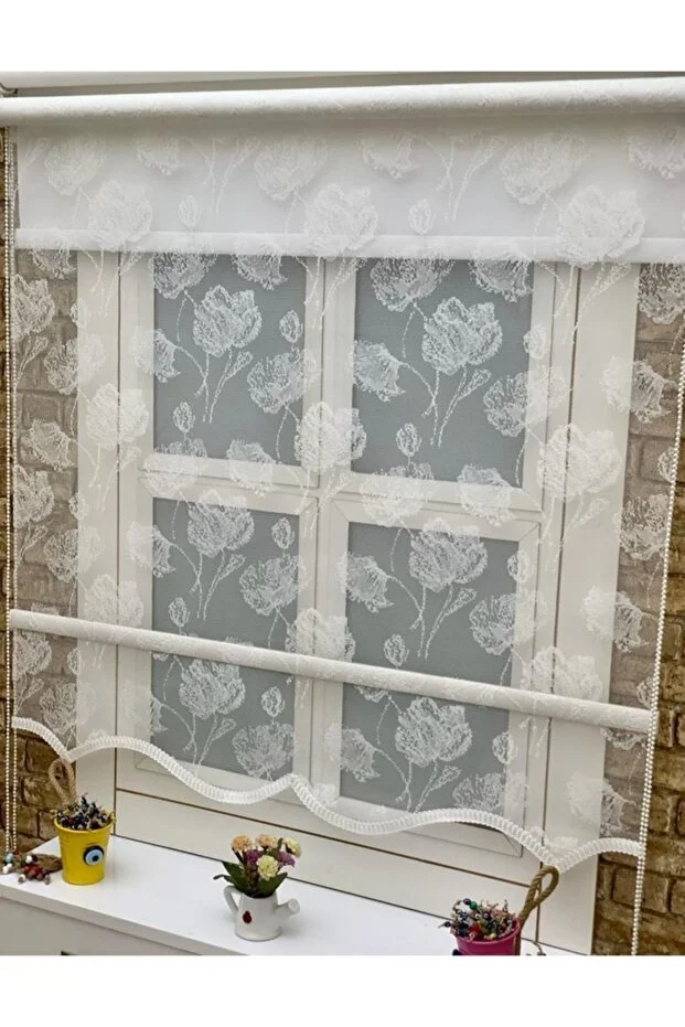 Lale Desenli Çiftli Sistem Tül Stor Perde 3554