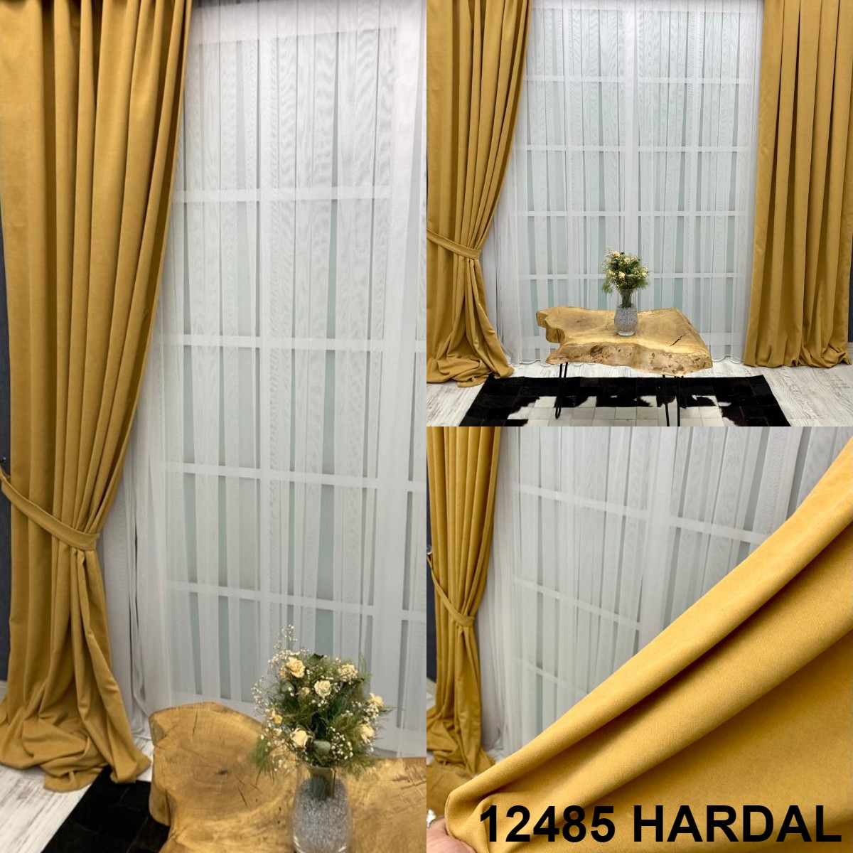 Kadife Dokulu Lüks Fon Perde Hardal